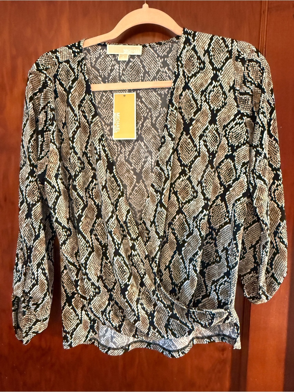 Michael Kors Snake-Print Wrap Blouse - Black & Tan
